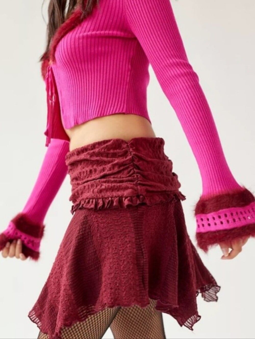 Urban Outfitters Womens Burgundy Red Cropped Ruffled Fairy Mini Skirt Medium - Picture 4 of 12